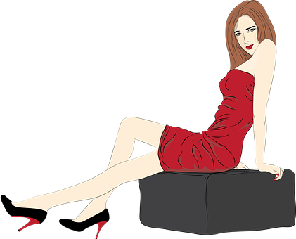 椅子に腰掛けてこちらを見る赤いドレスの女性